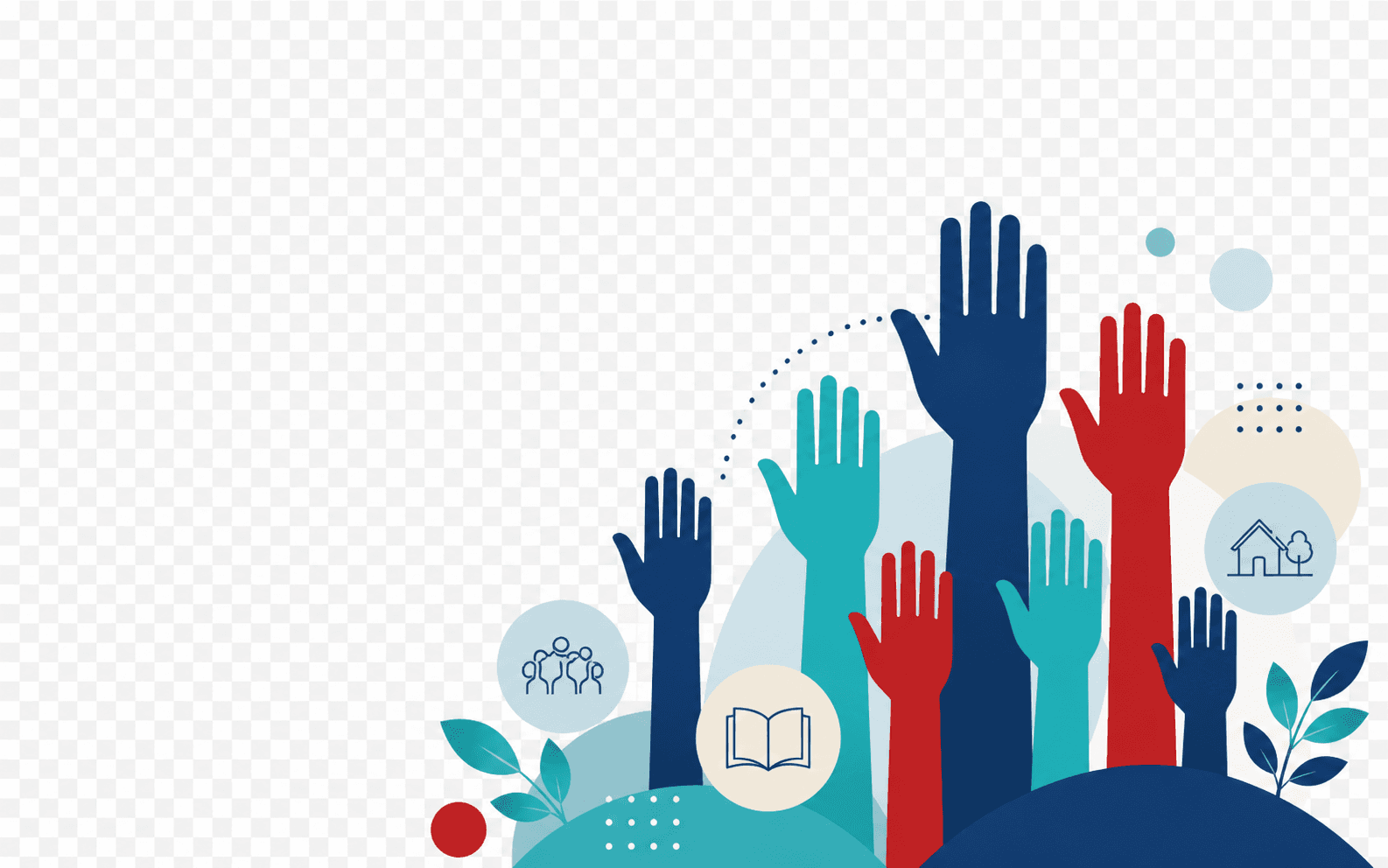 Ilustración de manos entrelazadas que representan colaboración y voluntariado.